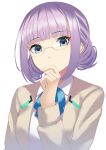  1girl blue_bow blue_bowtie blue_eyes bow bowtie commentary_request glasses hand_on_own_chin heaven_burns_red highres higuchi_seika looking_at_viewer negino_yurine purple_hair short_hair simple_background 