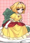 blonde_hair broccoli brooch character_name closed_mouth commentary_request dress earrings flower_brooch food frilled_dress frills fun_bo gem gloves jewelry long_dress looking_at_viewer omelet on_plate original oversized_food oversized_object oversized_spoon personification pink_background plate princess puffy_short_sleeves puffy_sleeves red_gem short_hair short_sleeves silver_tiara smile sphere_earrings white_gloves yellow_dress 