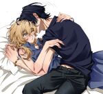  1boy 1girl alternate_costume black_hair black_pants black_shirt black_sleeves blonde_hair blue_dress blunt_ends bracelet casual clenched_hand collared_dress contemporary couple dintoge dress ear_piercing earrings eyelashes fingernails genshin_impact hand_on_another's_back hand_on_another's_shoulder head_on_pillow hetero highres indoors jewelry looking_at_another lumine_(genshin_impact) lying midriff_peek neck_blush on_back one_eye_closed open_collar pants parted_lips piercing pillow pink_lips scaramouche_(genshin_impact) shirt short_hair short_hair_with_long_locks short_sleeves sidelocks sitting sleeveless sleeveless_dress tareme veins veiny_arms white_background white_mouth yellow_eyes 