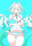  1girl absurdres arknights blue_eyes blue_panties blush breasts cassava_sketch cleavage closed_mouth clothes_lift commentary english_commentary feathered_wings hair_between_eyes head_wings highres ho'olheyak_(arknights) holding holding_pom_poms large_breasts lizard_tail long_hair looking_at_viewer millennium_cheerleader_outfit_(blue_archive) panties pom_pom_(cheerleading) skirt skirt_lift smile solo sports_bra striped_clothes striped_panties tail underwear white_skirt white_sports_bra wings 