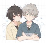 2boys black_hair blue_eyes blue_shirt closed_mouth commentary_request cropped_torso crossed_arms drawn_ears drawn_tail drawn_whiskers ensemble_stars! grey_hair grid_background hair_between_eyes highres jewelry light_blush looking_at_viewer male_focus multiple_boys necklace nita_(02ta_o) paw_print red_eyes sakuma_ritsu sena_izumi_(ensemble_stars!) shirt short_hair short_sleeves undershirt upper_body white_background yellow_shirt 