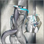  1:1 absurd_res anthro backsack balls bodily_fluids border butt cum cutaway digital_media_(artwork) ejaculation erection front_view genital_fluids genitals glans grey_border hi_res komuros looking_at_viewer looking_back machine male masturbation maxx-ros nude open_mouth orgasm penis portrait rear_view retracted_foreskin robot shower solo standing synth_(vader-san) synthetic three-quarter_portrait tongue tongue_out 