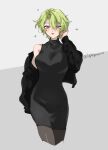  1girl alternate_costume black_cardigan black_dress black_pantyhose breasts cardigan commentary_request covered_groin cowboy_shot cropped_legs dress earrings ensemble_stars! genderswap genderswap_(mtf) green_hair grey_background hair_between_eyes hand_on_own_ear highres jewelry large_breasts light_smile lightgreen03 looking_at_viewer pantyhose parted_lips purple_eyes short_dress short_hair simple_background single_off_shoulder sleeveless sleeveless_dress solo sparkle stud_earrings tomoe_hiyori turtleneck turtleneck_dress two-tone_background wavy_hair 