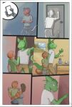  anthro blush clothing comic door duo flower flower_pot hi_res knocking lizard male painting phone plant reptile sarovak scalie shoes_removed size_difference smile young 