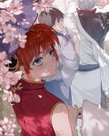  1girl 2boys black_hair blue_eyes bun_cover cherry_blossoms china_dress chinese_clothes closed_mouth dress falling_petals from_behind ginmokusei53 gintama hadanugi_dousa hair_bun highres holding holding_umbrella japanese_clothes kagura_(gintama) kimono looking_to_the_side multiple_boys oil-paper_umbrella orange_hair outdoors parasol petal_on_nose petals purple_umbrella red_dress sakata_gintoki shimura_shinpachi short_hair sleeveless sleeveless_dress solo_focus spring_(season) twitter_username umbrella upper_body white_hair white_kimono 