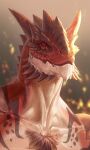  2021 anthro digital_media_(artwork) dragon hi_res horn lav male red_body red_eyes red_scales scales silgiriyamantsugosi solo spines teeth wingless_dragon 