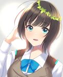  1girl aoi_erika black_hair blue_bow blue_bowtie blue_eyes bow bowtie commentary_request head_wreath heaven_burns_red highres looking_at_viewer negino_yurine open_mouth school_uniform short_hair 