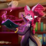  1:1 2021 anthro bone book bookshelf bracelet claws clothing deatrix_the_delphox delphox dennhaze detailed_background female fluffy fluffy_tail fur furniture grey_body grey_fur hair hi_res inner_ear_fluff jewelry magic magic_user nintendo open_book pok&eacute;mon pok&eacute;mon_(species) ponytail red_eyes red_hair signature skull solo summoning tuft video_games 