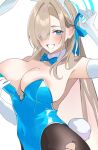  1girl animal_ears aqua_leotard asuna_(blue_archive) asuna_(bunny)_(blue_archive) asymmetrical_bangs black_pantyhose blonde_hair blue_archive blue_eyes blue_leotard bow bowtie breasts cowboy_shot detached_collar fake_animal_ears gloves hair_over_one_eye halo large_breasts leotard long_hair looking_at_viewer mole mole_on_breast nakano_kura official_alternate_costume pantyhose playboy_bunny rabbit_ears smile strapless strapless_leotard thighband_pantyhose traditional_bowtie white_gloves 
