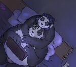  2021 anthro bed belly black_body black_nose bulge clothing computer crentonigen detailed_background duo embrace furniture giant_panda hi_res hug hugging_from_behind inside lying male male/male mammal overweight overweight_male pillow sitting underwear ursid white_body 