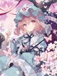  1girl black_ribbon blue_hat blue_kimono bug butterfly butterfly_on_hand cherry_blossoms closed_mouth commentary_request flower frilled_kimono frills hair_between_eyes hat japanese_clothes kimono long_sleeves looking_at_viewer mob_cap neck_ribbon oil-paper_umbrella pink_eyes pink_flower pink_hair purple_eyes red_ribbon ribbon ribbon-trimmed_sleeves ribbon_trim saigyouji_yuyuko see-through_clothes see-through_veil short_hair signature solo touhou toutenkou tree triangular_headpiece twitter_username umbrella veil watermark wide_sleeves 