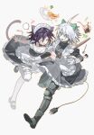  !? >_< 2boys absurdres ahoge android animal_ears apron black_bow black_bowtie black_corset black_dress black_shoes black_skirt blank_speech_bubble blush_stickers bow bowtie broccoli buttons cat_boy cat_ears cat_tail checkered_bow checkered_bowtie checkered_clothes corset crossdressing crossdressing_(mtf) cup danganronpa_(series) danganronpa_v3:_killing_harmony detached_collar dress drinking_straw electric_plug electric_plug_tail enmaided food frilled_apron frilled_skirt frills gloves green_eyes grey_background hair_between_eyes highres k1-b0 kemonomimi_mode long_bangs long_sleeves maid male_focus male_maid mary_janes monokuma multiple_boys oma_kokichi omelet omurice open_mouth outline plate puffy_short_sleeves puffy_sleeves purple_eyes shirt shoes short_hair short_sleeves simple_background single_blush_sticker skirt smile speech_bubble spoon sweat tail thighhighs tsurime two-tone_bow two-tone_bowtie white_bow white_bowtie white_gloves white_hair white_shirt white_thighhighs xinjinjumin_9427850 yellow_outline 