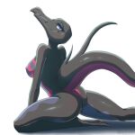  1girl animal_feet arched_back artist_name ass back barefoot black_skin breasts closed_mouth colored_skin commentary completely_nude from_behind furrholic furry furry_female half-closed_eyes happy head_back lizard_tail looking_at_viewer looking_back medium_breasts multicolored_skin nipples nude partial_humanization pink_skin pokemon pokemon_(creature) profile purple_eyes purple_skin reptile_girl salazzle shiny_skin simple_background sitting smile snout solo tail thighs twitter_username watermark white_background 