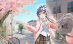  1girl absurdres bicycle brown_skirt cherry_blossoms commentary_request feixianji_(hairstyle) flower green_eyes grey_hair hair_rings highres holding holding_flower hood hoodie long_hair looking_up luo_tianyi necktie pink_hoodie shirt short_hair_with_long_locks skirt solo spring_(season) sunlight vocaloid vsinger_(vocaloid) white_shirt yellow_necktie yu_yi_connect 
