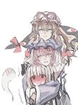  3girls black_hairband blonde_hair blue_hat blue_kimono blush bow closed_eyes closed_mouth commentary_request embarrassed facing_viewer gap_(touhou) green_eyes green_vest grey_hair hair_bow hairband hat hat_ribbon head_on_head head_rest highres hitodama hug hug_from_behind japanese_clothes kimono konpaku_youmu konpaku_youmu_(ghost) long_hair mob_cap multiple_girls onigiri_222x714 pink_hair red_bow ribbon saigyouji_yuyuko simple_background smile touhou triangular_headpiece vest white_background white_hat yakumo_yukari 