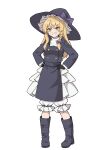  1girl absurdres black_boots black_gloves black_hat black_jacket blonde_hair bloomers blush boots bow braid commentary_request forbidden_scrollery full_body gloves grin hair_bow hands_on_own_hips hat hat_bow highres jacket kirisame_marisa kiyo_(kiyo_mariari) long_hair long_sleeves looking_at_viewer official_alternate_costume purple_bow side_braid simple_background single_braid smile solo touhou white_background white_bloomers witch_hat yellow_eyes 