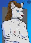  2021 android anthro arm_over_breasts blue_eyes breasts brown_hair canid canine canis cel_shading collar cybernetic_eye dysart fangs felid female fur hair humanoid hybrid lion machine mammal nipples pantherine ponytail ring robot robot_humanoid shaded simple_background solo standing synthetic white_body white_fur wolf 