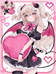  1girl :3 :d absurdres bare_arms bare_shoulders black_bow black_bowtie black_dress black_horns black_shirt black_tail black_thighhighs black_wings blonde_hair blush border bow bowtie breasts charm_(object) chibi chibi_inset closed_mouth collared_shirt commentary contrapposto contrast_collar cowboy_shot crossed_bangs curly_hair cutout_eyelashes demon_girl demon_horns demon_tail demon_wings dress fang frilled_dress frilled_pillow frilled_sleeves frills from_below gradient_tail grey_eyes grid_background hair_between_eyes hair_ornament heart heart-shaped_pillow highres holding holding_pillow horns nail_polish off-shoulder_dress off_shoulder open_mouth original outline outside_border petticoat pillow pink_border pink_bow pink_bowtie pink_horns pink_nails pink_tail pink_wings pixel_art_inset polka_dot_border polka_dot_pillow puffy_short_sleeves puffy_sleeves shiina_(qh38crgwgf1yeut) shirt short_dress short_sleeves sidelocks simple_background skin_fang sleeveless sleeveless_shirt small_breasts smile solo standing tail tareme thighhighs tongue two-tone_tail two-tone_wings two_side_up untranslatable_commentary white_background white_outline wings x_hair_ornament zettai_ryouiki 