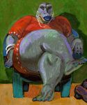  5:6 anthro barefoot big_breasts big_butt big_feet big_legs blue_body blue_lipstick blue_nails blue_scales breasts butt clothing colored_nails crossed_legs dinosaur dress dyna_soar ear_piercing ear_ring expressionism eyelashes eyeshadow feet female green_background green_eyes grey_body grey_scales hi_res high_heels inside jewelry leg_on_thigh lips lipstick looking_at_viewer makeup nails necklace overweight painting_(artwork) piercing portrait red_clothing red_dress reptile saurian_(disambiguation) scales scalie simple_background sitting sitting_in_chair solo thick_lips thick_thighs traditional_media_(artwork) 