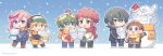  1girl 5boys ahoge appmon asuka_torajirou black_hoodie blonde_hair blue_eyes bootmon brothers character_snowman chibi chibi_only digimon digimon_universe:_appli_monsters dokamon earmuffs gatchmon goggles goggles_on_head goggles_on_headwear green_eyes green_hair hackmon_(appmon) hat highres hood hoodie jacket karan_eri katsura_hajime katsura_rei lulu_hane multiple_boys musimon offmon ozora_yujin pink_hair red_eyes red_hair santa_hat scarf shinkai_haru shorts siblings snow snowing snowman twintails yaoi 