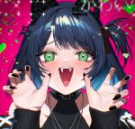  1boy :3 :d \||/ aegyo_sal animal_ears bare_shoulders black_collar black_hair black_jacket black_nails black_shirt blue_hair blurry blush bow brown_bow cat_ears chain chain_necklace chromatic_aberration collar collarbone colored_inner_hair commentary commission crossdressing crossdressing_(mtf) cutout_eyelashes depth_of_field english_commentary eyelashes fake_animal_ears fangs fingernails from_above glitch gradient_hair green_eyes hair_bow hands_up heart heart_in_eye highres jacket jacket_partially_removed jewelry long_fingernails long_sleeves looking_at_viewer looking_up male_focus multicolored_hair necklace one_side_up open_clothes open_jacket open_mouth pink_background pixel_art_inset portrait puffy_long_sleeves puffy_sleeves raised_inner_eyebrows ryoune_yami second-party_source sharp_fingernails shirt short_hair sidelocks simple_background sleeveless sleeveless_shirt smile solo straight-on swept_bangs symbol_in_eye teeth trap two-tone_hair upper_teeth_only utau vignetting wolrero 