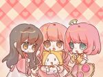  3girls ahoge animal aoqun arm_warmers axis_powers_hetalia black_eyes black_hair blue_eyes bow bowtie brown_eyes cat chibi chinese_clothes chinese_commentary clenched_hands cloak closed_mouth clothed_animal collared_shirt collared_vest commentary_request crossover ear_covers frilled_skirt frilled_sleeves frills gradient_background hair_between_eyes hair_ornament hanfu happy heart heart_background high_collar holding holding_animal holding_cat hood hood_up hooded_cloak infinity_nikki kamen_rider kamen_rider_ex-aid_(series) layered_skirt light_blush long_hair long_sidelocks long_sleeves looking_at_animal low_twintails miniskirt momo_(nikki) multiple_girls nikki_(nikki) nikki_(series) open_mouth outline perfect_start_(infinity_nikki) pink_background pink_hair pink_shirt pink_skirt plaid_background poppi_pipopapo print_skirt puffy_long_sleeves puffy_sleeves red_bow red_bowtie shirt short_hair short_sleeves sidelocks skirt smile solid_oval_eyes standing straight-on surprised taiwan_(hetalia) traditional_bowtie twintails two-tone_background very_long_hair vest wavy_hair whiskers white_cat white_outline white_skirt wide_sleeves yellow_arm_warmers yellow_background yellow_cloak yellow_skirt yellow_vest yumo900044 