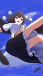  1girl absurdres beckody black_feathers black_hair black_skirt black_wings blue_sky commentary day english_commentary feathered_wings feathers frilled_skirt frills from_below hat highres looking_at_viewer open_mouth outdoors pom_pom_(clothes) red_eyes red_hat shameimaru_aya shirt short_hair skirt sky solo tengu tokin_hat touhou white_shirt wings 