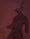  2021 anthro beastars canid canine canis cheek_tuft claws clothed clothing facial_tuft hi_res inner_ear_fluff legoshi_(beastars) male mammal maynard0 muzzle_(object) muzzled restricted_palette solo tuft turtleneck wolf 