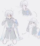  1boy 316_yogurt ? ?? arrow_(symbol) blue_cape blue_gem blue_sleeves blush bodysuit bow bridal_gauntlets broken_cup cape closed_eyes commentary cup drinking drugged eyeliner furisode gem genshin_impact gold_ring grey_bodysuit grey_bow grey_bridal_gauntlets grey_shorts hakama hakama_shorts hand_on_own_forehead hand_over_eye hand_up hands_up highres holding holding_cup japanese_clothes kimono kneeling layered_sleeves makeup male_focus middle_ring open_hands pleated_shorts purple_sash red_eyeliner sash scaramouche_(genshin_impact) sequential short_sleeves shorts side_cape single_off_shoulder solo spill steam sweat tassel teacup trembling untranslatable_commentary vision_(genshin_impact) wanderer_(genshin_impact) white_background white_kimono white_sleeves 