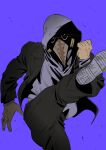  1boy blue_background chainsaw_man clenched_hand highres hood hood_up kicking male_focus mask plague_doctor_mask purple_background shunsuke_(narunaru37101) solo suit upper_body violence_fiend_(chainsaw_man) 