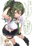  1boy 1girl absurdres adjusting_eyewear armpits black_bow black_scrunchie black_skirt black_socks blonde_hair bow breasts brown_shoes collared_shirt commentary_request contemporary glasses green_hair green_nails green_necktie gyaru hair_bow hand_in_own_hair hand_on_own_knee highres land_(sousou_no_frieren) loafers long_hair looking_at_viewer loose_socks medium_breasts midriff navel necktie panty_straps parted_lips pleated_skirt purple_eyes school_uniform scrunchie shashaki shirt shoes short_hair side_ponytail simple_background skirt smile socks solo_focus sousou_no_frieren speech_bubble thigh_strap tied_shirt translation_request ubel_(sousou_no_frieren) white_background white_shirt wrist_scrunchie 