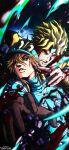  absurdres argyle_clothes argyle_sweater black_nails blue_helmet blue_sweater brown_gloves commentary diego_brando dio_brando english_commentary gloves green_eyes green_headband hair_between_eyes headband heart_ornament helmet highres in-franchise_crossover jojo_no_kimyou_na_bouken looking_at_viewer noonvincent orange_eyes orange_hair parted_lips spikes stardust_crusaders steel_ball_run sweater teeth turtleneck turtleneck_sweater 
