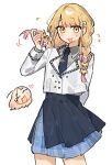  2girls ^_^ arm_behind_back black_necktie black_overskirt blonde_hair blue_skirt braid closed_eyes cosplay cowboy_shot emne flying_sweatdrops fujita_kotone gakuen_idolmaster grey_shirt hatsuboshi_gakuen_school_uniform heart highres idolmaster jacket juo_sena juo_sena_(cosplay) multiple_girls necktie school_uniform shirt simple_background skirt twin_braids white_background white_jacket yellow_eyes 