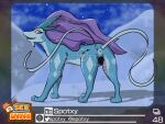  4:3 absurd_res all_fours anatomically_correct anatomically_correct_genitalia anatomically_correct_pussy animal_genitalia animal_pussy anus blue_body blue_fur butt canine_pussy cold english_text fangs female feral fur genitals hair half-closed_eyes hi_res legendary_pok&eacute;mon looking_at_viewer looking_back mountain narrowed_eyes nintendo nude open_mouth photo picture_frame pok&eacute;mon pok&eacute;mon_(species) pok&eacute;mon_snap pussy rear_view red_eyes sky snow snowflake snowing solo spotxy suicune text tongue video_games white_body white_fur 