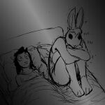  1:1 2021 anthro awake bed black_and_white didelphid duo female furniture hi_res hladilnik humor lagomorph leporid mammal marsupial marylin_(hladilnik) monochrome nocturnal_lagophthalmos pro_bun_(hladilnik) rabbit sleeping sound_effects wide_eyed zzz 