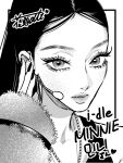  1girl alt_o_ekaki artist_name black_border border collarbone commentary_request copyright_name earpiece fur_sleeves greyscale hand_on_own_ear highres i-dle jewelry k-pop looking_at_viewer minnie_nicha_yontararak monochrome necklace outside_border parted_lips ponytail portrait real_life solo white_background 