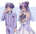  1boy 1girl ahoge alternate_costume alternate_hairstyle arm_at_side artist_name asymmetrical_bangs bare_shoulders bead_necklace beads blue_necktie blunt_bangs blunt_ends blush bouquet bridal_veil choppy_bangs clenched_hand collarbone collared_shirt contemporary cowlick crying crying_with_eyes_open detached_sleeves dress english_text fingernails flower flower_ornament formal_clothes genshin_impact hair_between_eyes hand_up highres holding holding_bouquet husband_and_wife jacket jewelry layered_sleeves looking_at_another medium_hair mona_(genshin_impact) necklace necktie open_clothes open_jacket pants parted_bangs plunging_neckline purple_eyes purple_flower purple_hair purple_jacket purple_pants purple_sleeves purple_veil purple_vest riina_606 scaramouche_(genshin_impact) see-through_clothes see-through_veil shirt sidelocks sound_effects strapless strapless_dress suit_jacket suit_pants tears undershirt veil vest wedding wedding_dress white_dress white_shirt white_sleeves wing_collar 