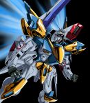  1990s_(style) absurdres beam_cannon commentary energy_wings faux_retro_artstyle gundam highres kds_(0049) mecha mecha_focus mobile_suit no_humans retro_artstyle robot science_fiction solo space v-fin v2_assault-buster_gundam v2_gundam victory_gundam zero_gravity 