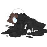  1:1 anthro black_body black_fur blue_eyes bodily_fluids brown_hair canid canine canis changed_(video_game) chano dripping fur goo_creature goo_transformation hair human lin_(changed) lying male mammal mask on_front one_eye_closed open_mouth puddle simple_background solo species_transformation sweat tears transformation wet white_background white_body wolf 