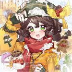  1girl adjusting_clothes adjusting_headwear bird braid brown_hair character_snowman chinese_commentary christmas coat commentary_request commission emma_woods eyelashes fingerless_gloves flower-shaped_pupils freckles gingerbread_man gloves green_eyes green_gloves green_hat hair_between_eyes hat identity_v jiangshang long_hair long_sleeves looking_at_viewer official_alternate_costume open_mouth parted_bangs plaid_hat red_scarf scarf simple_background snow_on_clothes snow_on_head snowflakes snowman solo symbol-shaped_pupils twin_braids white_background yellow_bird yellow_coat 
