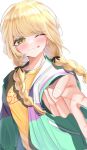  1girl ;q absurdres black_ribbon blonde_hair blush braid commentary foreshortening fujita_kotone gakuen_idolmaster gyaru_v hair_ribbon highres idolmaster jacket long_hair multicolored_jacket one_eye_closed ribbon shirt simple_background sitron_est smile solo tongue tongue_out twin_braids v white_background yellow_eyes yellow_shirt 