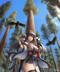  1girl absurdres bird bird_wings black_bird black_thighhighs blue_sky breasts brown_hair brown_wings camera clear_sky commentary crow day detached_sleeves edz_drawz feathered_wings forest grin hat highres holding holding_camera japanese_clothes kimono kourindou_tengu_costume lens_flare looking_at_viewer nature no_bra obi official_alternate_costume outdoors pelvic_curtain pom_pom_(clothes) red_eyes red_hat red_sash sash shameimaru_aya side_slit sideboob sky smile solo thick_thighs thighhighs thighs tokin_hat touhou tree underwear watermark white_kimono wings 