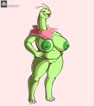  anthro areola belly big_breasts breasts female fours_(artist) genitals green_areola green_nipples hands_on_hips hi_res huge_breasts looking_at_viewer meganium nintendo nipples nude open_mouth open_smile pok&eacute;mon pok&eacute;mon_(species) pussy simple_background slightly_chubby smile solo video_games 