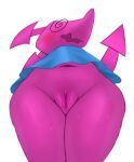  anthro armless arrow belly blue_clothing blue_shirt blue_topwear blush bodily_fluids clothed clothing darkner deep_navel deltarune embarrassed female fluffolio low-angle_view navel open_mouth pink_body pussy_focus shirt short_stack simple_background solo spiral_eyes standing sweat teeth thick_thighs topwear undertale_(series) video_games virovirokun white_background wide_hips 