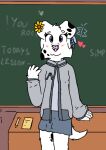  &lt;3 anthro blue_eyes blush bottomwear canid canine canis chalkboard classroom clothing dalmatian domestic_dog ear_piercing ear_ring female flower hi_res looking_at_viewer mammal mattdraws7 piercing pink_nose plant school sherry_mccallister sitting sitting_on_desk skin_pattern skirt smile solo university young 
