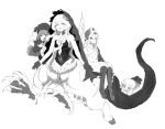  4girls @_@ alsw1n arm_up bare_shoulders black_dress black_hands black_veil centauroid chibi chimera claws closed_eyes closed_mouth collarbone colored_extremities commentary dress floating full_body gun hair_between_eyes hair_ornament hanging hat highres hooves jumping lizard_tail long_hair looking_at_another military_uniform monochrome monster_girl multiple_girls nautika_(reverse:1999) open_mouth plunging_neckline quad_braids reverse:1999 riding rifle rubuska semmelweis_(reverse:1999) sentinel_(reverse:1999) short_hair side_cape sidelocks simple_background smile strapless strapless_dress swept_bangs tail taur tricorne veil very_long_hair weapon white_background 
