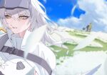  1boy 3girls barabara_49 blurry cloak cloud commentary_request depth_of_field dog_tags field flower flower_field goddess_of_victory:_nikke highres liliweiss_(nikke) lily_(flower) long_hair multiple_girls official_alternate_design outdoors petals sky snow_white_(heavy_arms)_(nikke) snow_white_(innocent_days)_(nikke) snow_white_(nikke) the_legendary_commander_(nikke) visor_(armor) visor_lift white_cloak white_flower white_hair white_lily white_petals yellow_eyes 