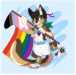  4_toes accessory ambiguous_gender anthro black_ear_tips black_nose black_pawpads blue_background border brown_body brown_fur brown_tail clean_diaper clothed clothing diaper dipstick_ears domestic_cat ear_markings feet felid feline felis flag flag_(object) fur gloves_(marking) headband hi_res holding_flag holding_object hybrid inner_ear_fluff jack_cabbit jupiters kerchief lagomorph leg_markings leg_warmers legwear leporid lgbt_pride mammal markings multicolored_body multicolored_ears multicolored_fur multicolored_tail on_one_leg pawpads pawprint_print pink_inner_ear pride_color_clothing pride_color_kerchief pride_color_leg_warmers pride_color_legwear pride_color_neckerchief pride_colors progress_pride_colors rabbit simple_background socks_(marking) solo standing tail tan_body tan_fur tan_inner_ear_fluff tan_tail toes tongue tongue_out tuft vincian_pride_colors wearing_diaper whisker_spots white_border 