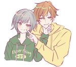  1boy 1girl 27natupiyo absurdres behind_another blonde_streaks blush breasts closed_mouth clothes_writing collarbone commentary couple cropped_torso dot_nose drawstring finger_to_another's_cheek front-to-back green_eyes green_hoodie grey_hair hair_between_eyes hand_on_another's_chin hand_up highres hinomori_shiho hood hood_down hoodie long_sleeves looking_at_viewer multicolored_hair no_pupils orange_hair parted_lips project_sekai shinonome_akito short_hair sidelocks simple_background small_breasts smile streaked_hair swept_bangs tsurime upper_body white_background yellow_hoodie 