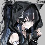  1girl absurdres animal_ears bags_under_eyes bare_shoulders black_choker black_eyes black_hair black_hood black_hoodie blue_hair chiromi choker closed_mouth clothing_cutout earrings expressionless fake_animal_ears glasses glint hair_ornament hair_through_hood hairclip hand_up highres hood hood_up hoodie jewelry long_hair long_sleeves looking_at_viewer looking_over_eyewear mole mole_under_eye multicolored_hair original ponytail revision rimless_eyewear shoulder_cutout shoulder_tattoo sidelocks solo spiked_choker spikes tattoo two-tone_hair upper_body 